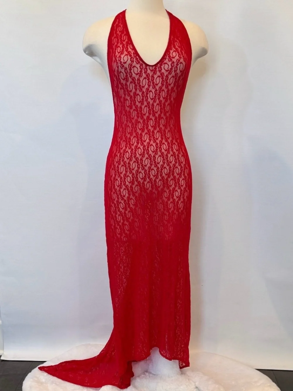 Y2K Victoria’s Secret Red Sheer Stretch Lace Train Vintage Maxi Gown Slip Dress